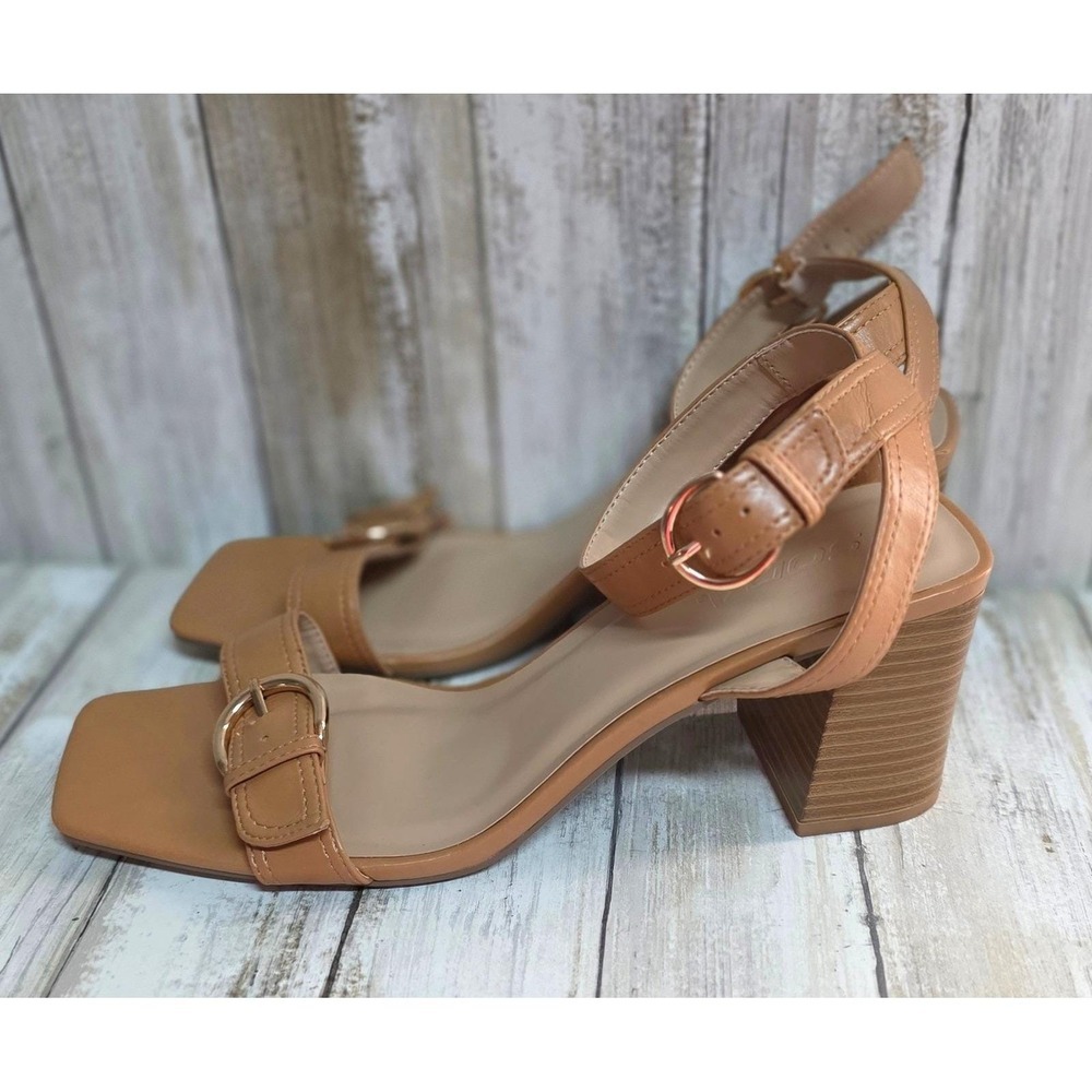 SODA Women's Tan Buckle Block Heel Sandals Square Toe Ankle Strap - Picture 5 of 6